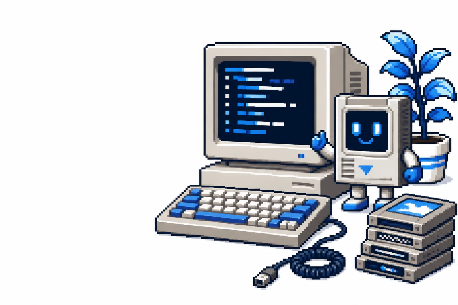 Pixel-art retro developer workstation: a CRT showing code blocks, a keyboard, cartridges, a plant, and the scriptgpc robot mascot.
